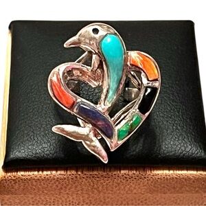 Vintage Native American Sterling Silver Dolphin Heart Multi Color Turquoise Ring